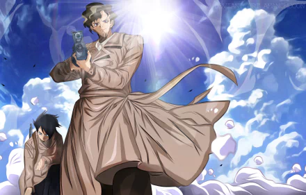 Ray and Yuugo from The Promised Neverland stand against a dramatic sky in this 8K Ultra HD anime wallpaper, capturing intense action and vivid detail.