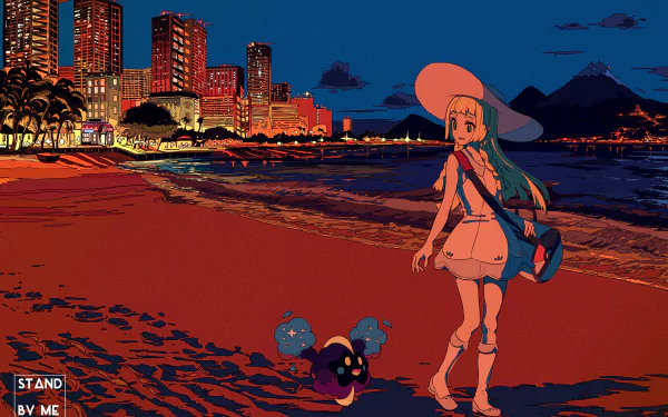 Lillie and Cosmog from Pokémon: Sun and Moon stand on a beach at sunset with a city skyline in the background, featured in a HD PC desktop wallpaper.
