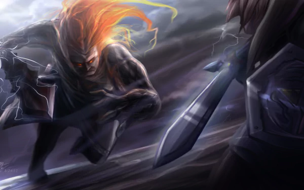 Demise from The Legend of Zelda: Skyward Sword storms forward with flaming hair and dark armor as a sword-wielding hero meets him — 2K Quad HD PC desktop wallpaper (video game)