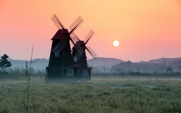 Man Made Windmill Fog Sunrise Building HD Wallpaper | Background Image