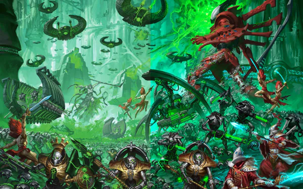HD PC desktop wallpaper featuring an intense Warhammer 40k battle scene with futuristic warriors and vibrant green energy effects in a sci-fi environment.