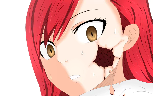 Irene Belserion (Fairy Tail) anime HD PC desktop wallpaper: close-up of red-haired Irene with a cracked cheek revealing dark scales, sweating with a shocked expression on a white background.
