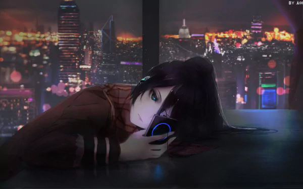 Anime character with black hair and blue eyes, wearing a scarf, lies on a table holding an iPod. The background features a vibrant cityscape at night. HD desktop wallpaper.