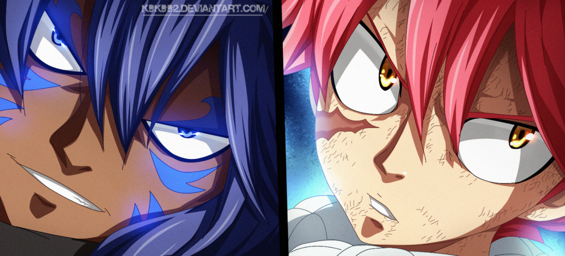 HD anime desktop wallpaper featuring a close-up face-off between Acnologia and Natsu Dragneel from Fairy Tail, highlighting intense expressions and vibrant colors.