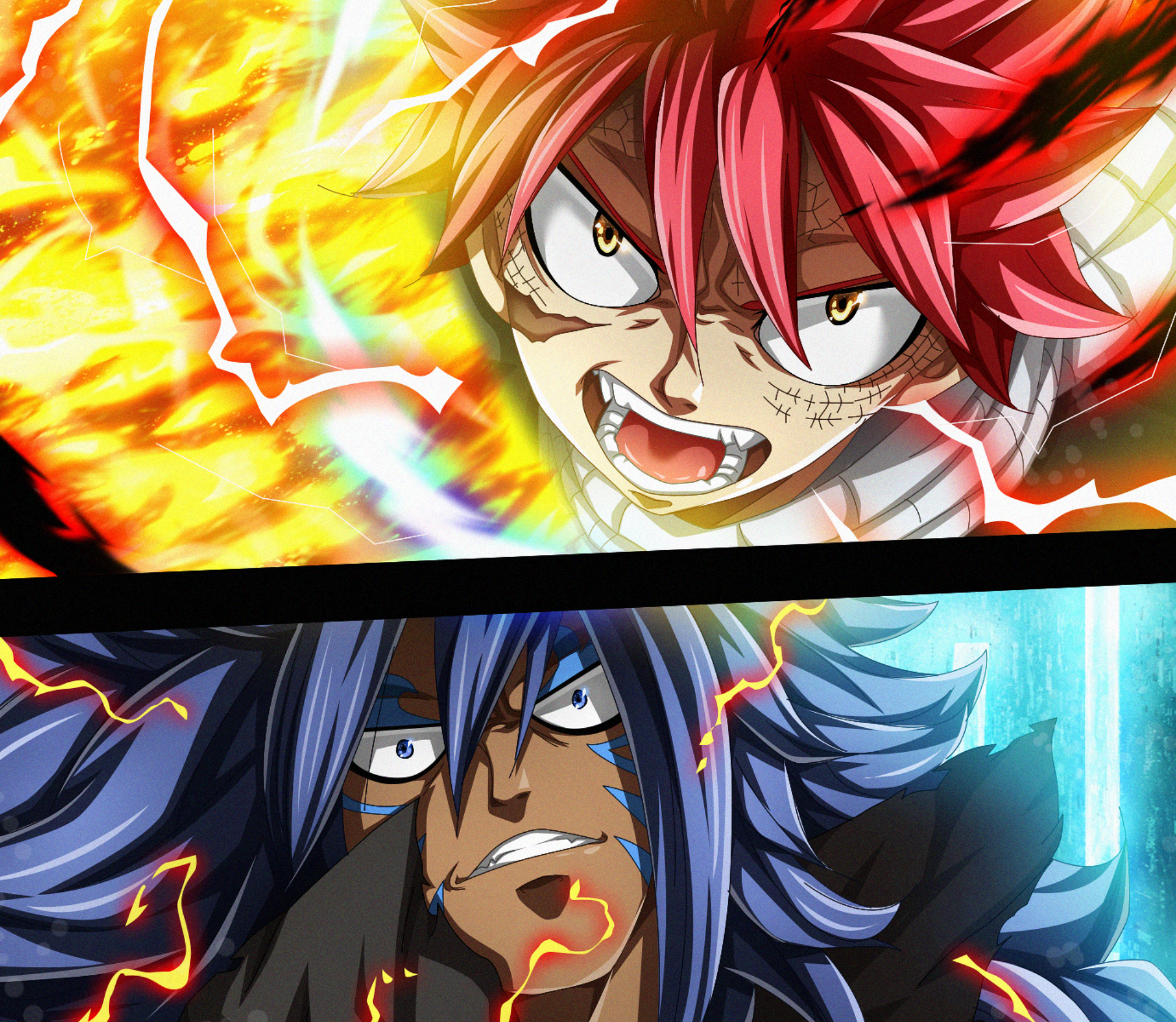 HD PC desktop wallpaper featuring intense close-ups of Natsu Dragneel and Acnologia from the anime Fairy Tail, showcasing their fierce expressions and fiery powers.