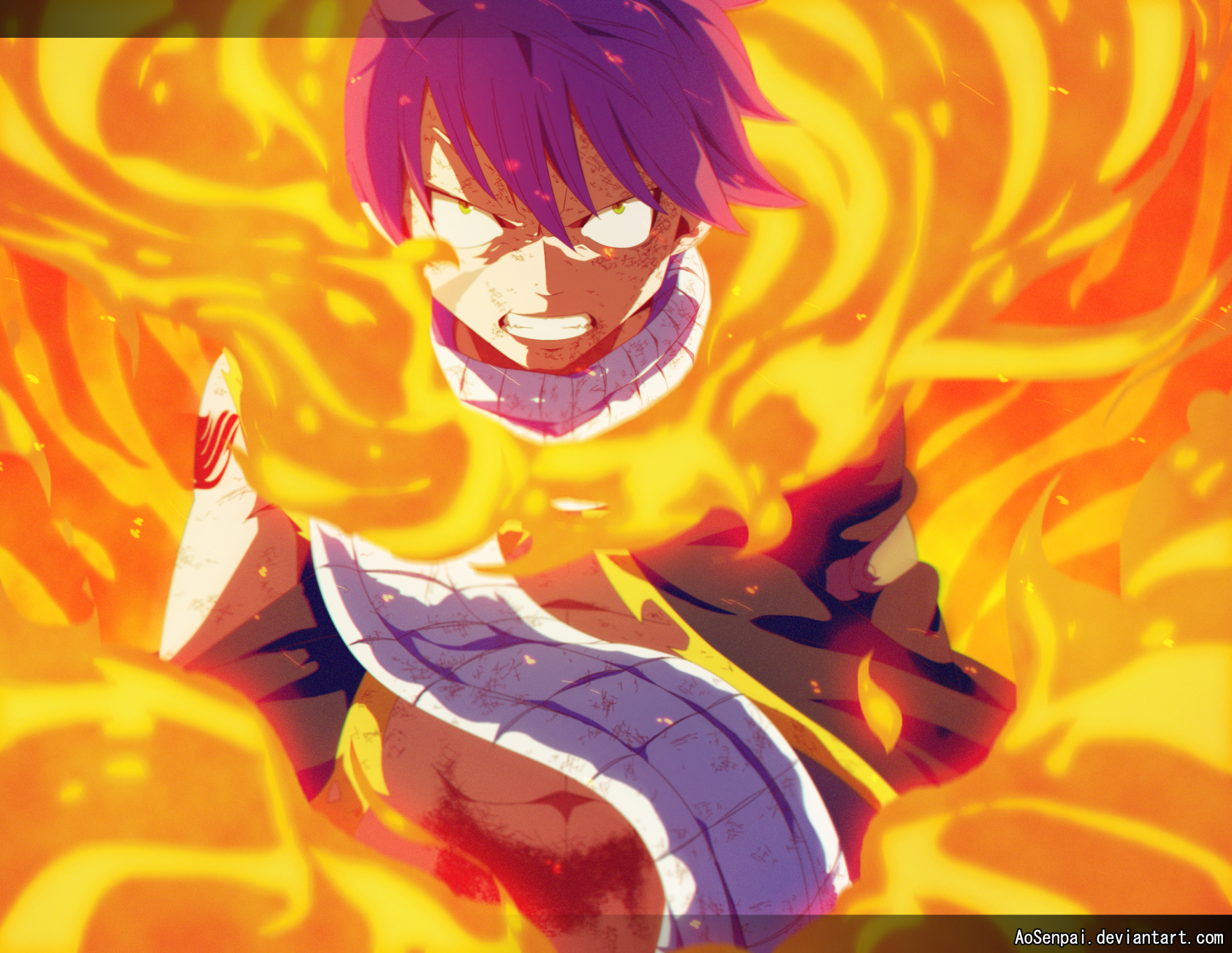 HD PC desktop wallpaper featuring Natsu Dragneel from the anime Fairy Tail, surrounded by vivid flames and intense energy.
