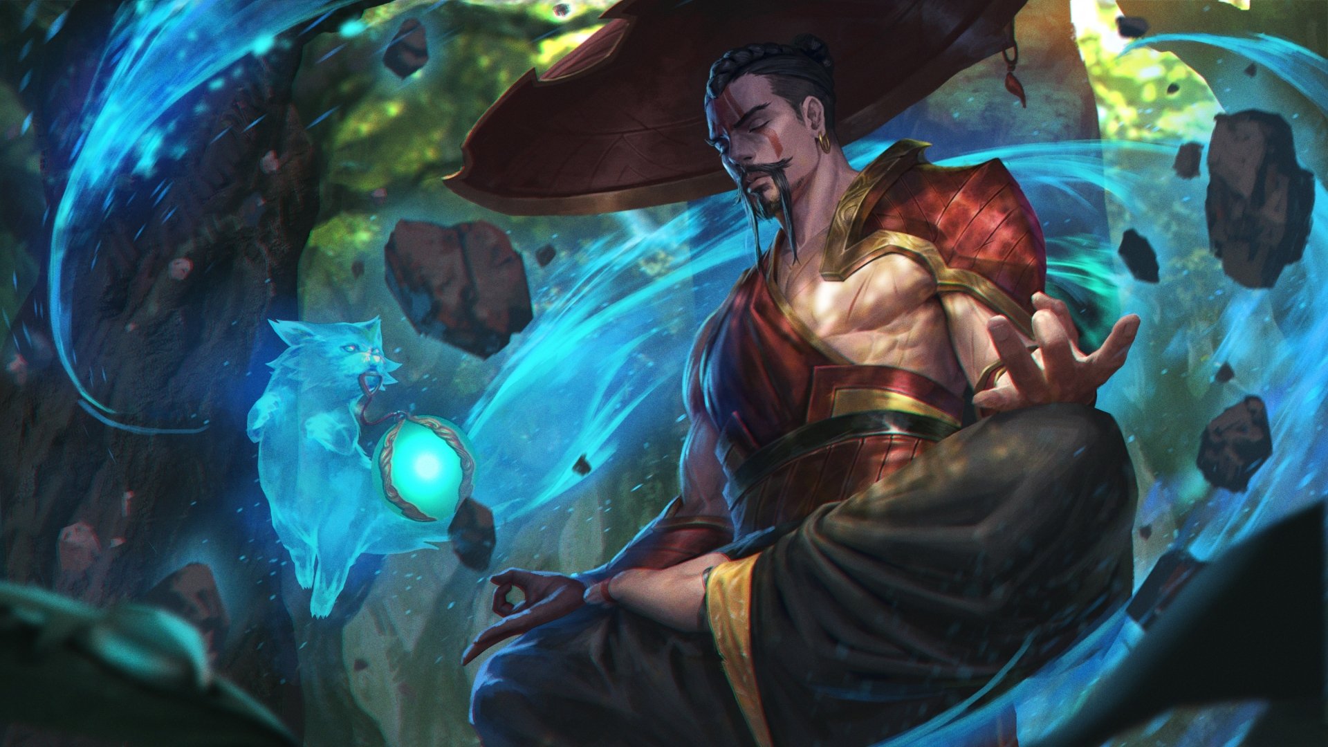 Video game Heroes of Newerth 2K Quad HD PC desktop wallpaper and background: a robed, meditating hero conjures a blue spectral fox amid swirling energy and floating rocks.