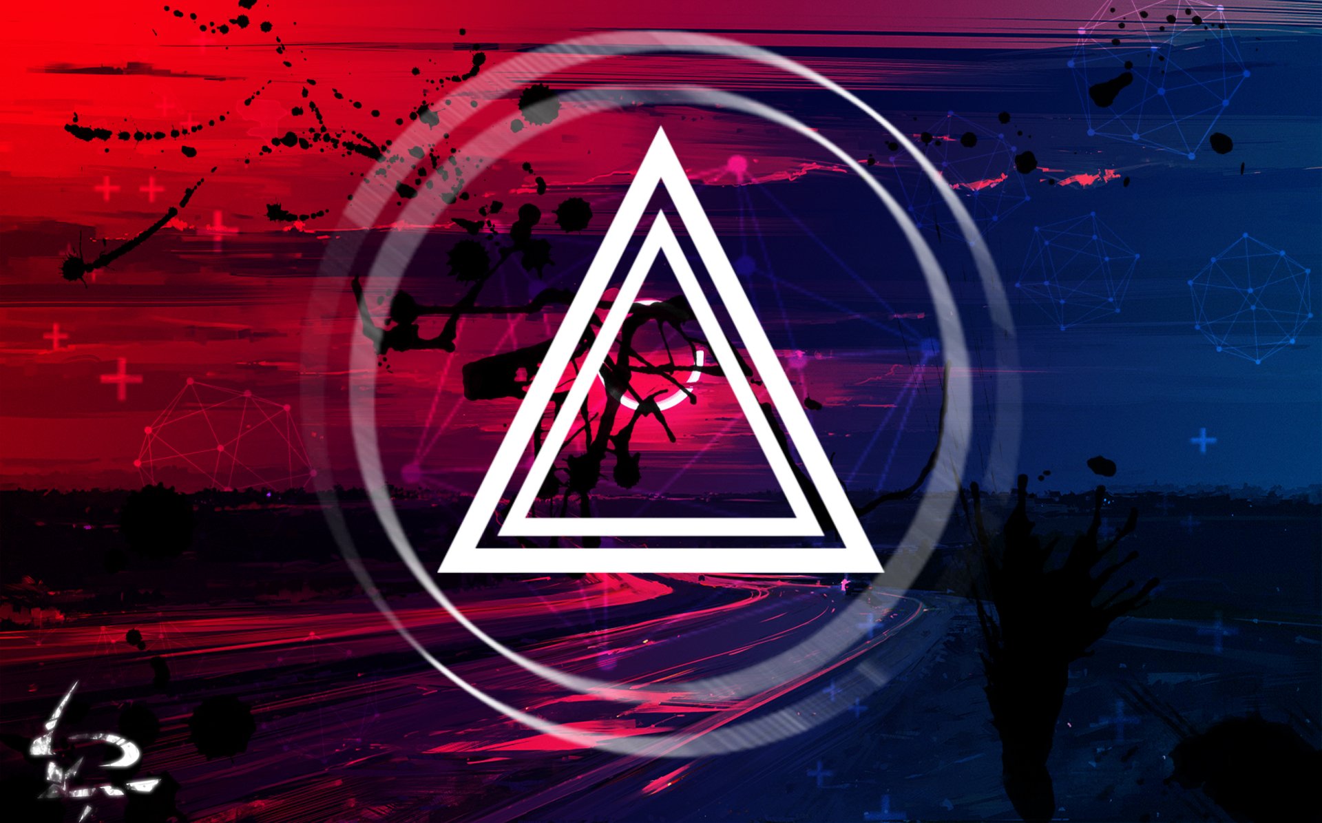 Abstract HD PC desktop wallpaper featuring a white geometric triangle symbol centered on a vibrant red and blue textured background with circular accents.