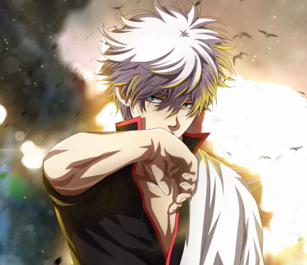 HD PC desktop wallpaper featuring Gintoki Sakata from the anime Gintama, showcasing his intense gaze and signature silver hair.