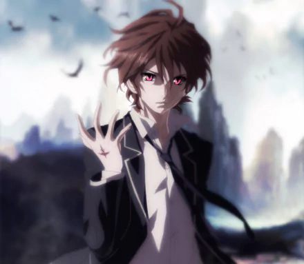 HD anime desktop wallpaper featuring Shu Ouma from Guilty Crown with intense red eyes and an outstretched hand against a blurred cityscape background.