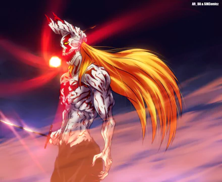 HD PC desktop wallpaper featuring Ichigo Kurosaki and Hollow Ichigo from the anime Bleach, showcasing a dramatic, fiery scene with vibrant colors.