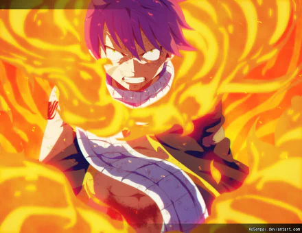 HD PC desktop wallpaper featuring Natsu Dragneel from the anime Fairy Tail, surrounded by vivid flames and intense energy.