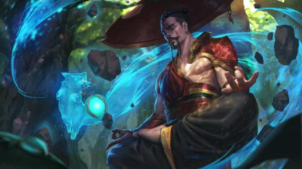 Video game Heroes of Newerth 2K Quad HD PC desktop wallpaper and background: a robed, meditating hero conjures a blue spectral fox amid swirling energy and floating rocks.