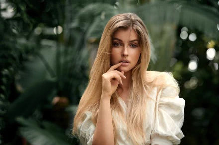 HD desktop wallpaper: blonde model with long hair and vivid green eyes, portrait with shallow depth of field against lush foliage.