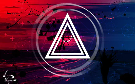 Abstract HD PC desktop wallpaper featuring a white geometric triangle symbol centered on a vibrant red and blue textured background with circular accents.