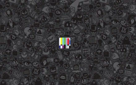 Colorful logo centered on a monochrome background filled with doodle art for HD desktop wallpaper.
