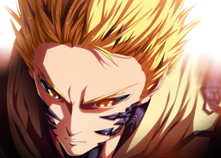 HD desktop wallpaper of Genos from One-Punch Man, featuring his intense yellow eyes and striking blonde hair in a dramatic close-up anime style.