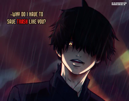 Ken Kaneki from Tokyo Ghoul with black hair and yellow eyes stands in the rain with the text Why do I have to save trash like you? in the background. It is a HD desktop wallpaper from Tokyo Ghoul:re.