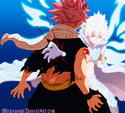 HD desktop wallpaper featuring Zeref Dragneel and Natsu Dragneel from the anime Fairy Tail, showcasing a dramatic and intense scene between the two characters.