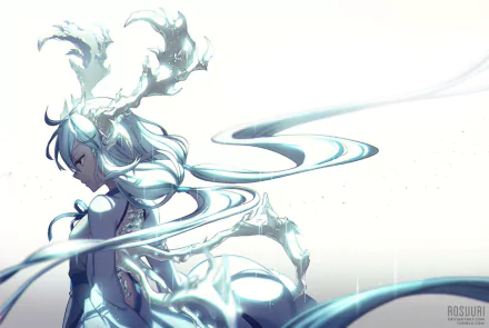Anime girl with long white hair and horns, surrounded by swirling patterns, in a monochrome HD desktop wallpaper.