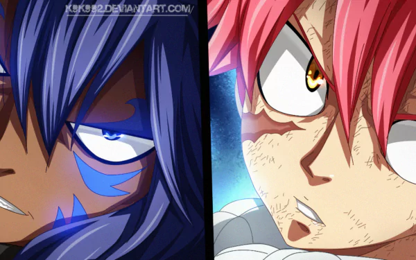 HD anime desktop wallpaper featuring a close-up face-off between Acnologia and Natsu Dragneel from Fairy Tail, highlighting intense expressions and vibrant colors.