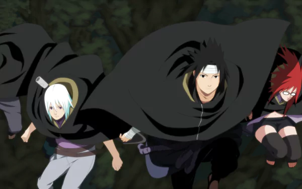 Anime Naruto 2K Quad HD PC desktop wallpaper: Sasuke Uchiha, Jūgo, Karin and Suigetsu sprinting side-by-side through a forest, cloaked in black.