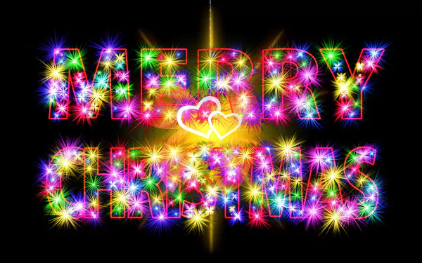 Vibrant, colorful Merry Christmas text with sparkling lights on a dark background, designed as a festive HD PC desktop wallpaper celebrating the holiday season.