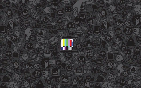 Colorful logo centered on a monochrome background filled with doodle art for HD desktop wallpaper.