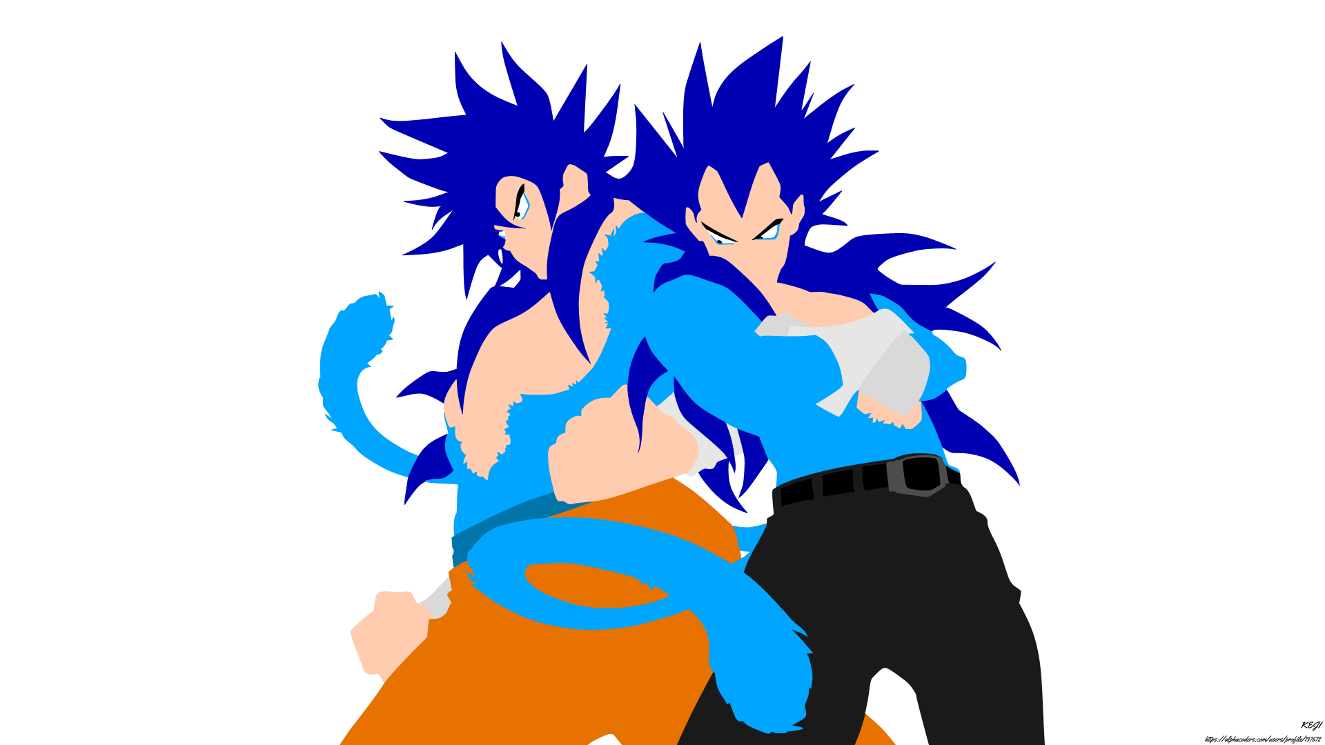 Minimalist 8K Ultra HD anime wallpaper featuring Super Saiyan Blue Goku and Vegeta from Dragon Ball Super with vibrant blue hair and dynamic poses.