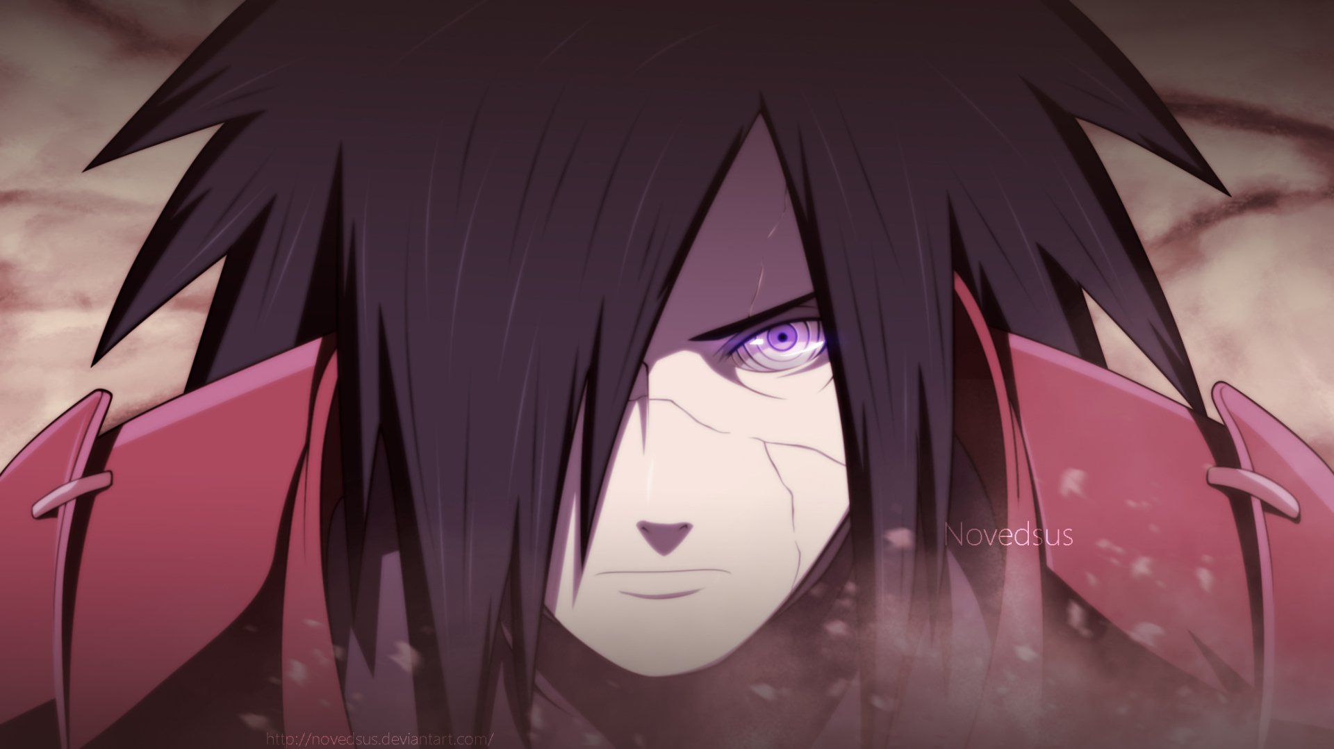 HD PC desktop wallpaper/background of Madara Uchiha (Naruto anime): close-up of his pale face, long dark hair, glowing Rinnegan eye and cracked cheek against a smoky backdrop.