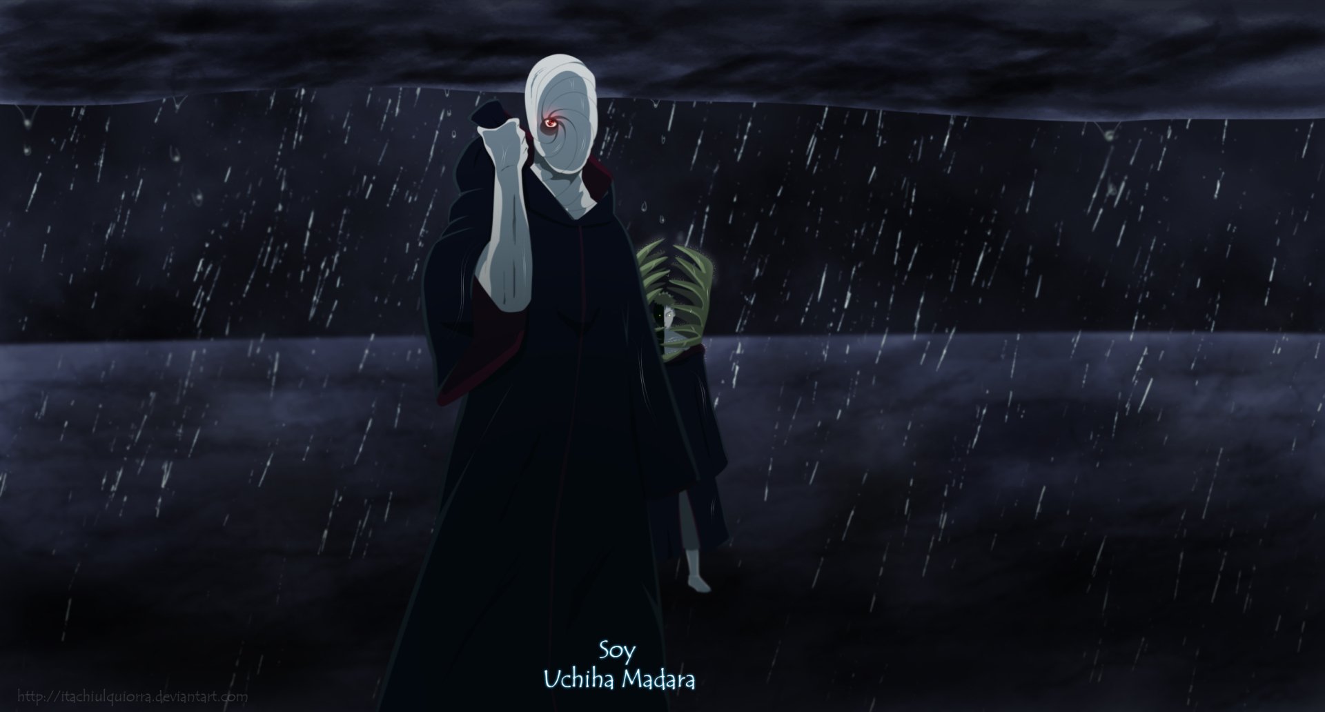 HD anime desktop wallpaper featuring Obito Uchiha from Naruto, standing in the rain with a dark, stormy background.