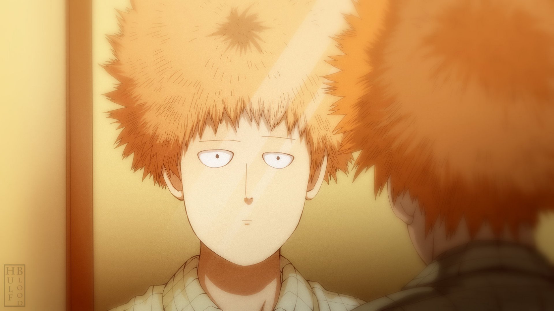 HD anime desktop wallpaper featuring Saitama from One-Punch Man with a surprised expression, captured in a softly lit scene.