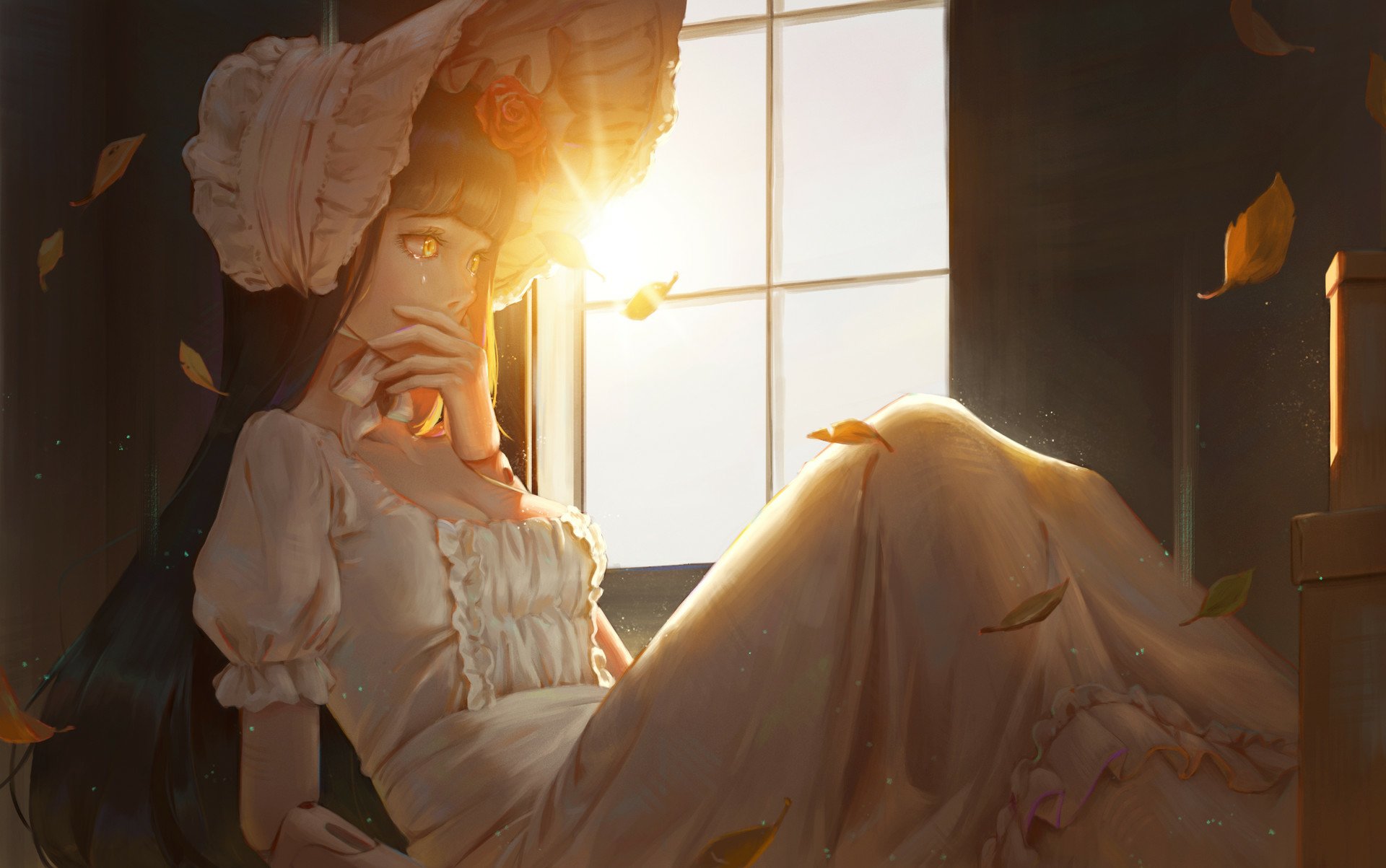 Anime-style original HD desktop wallpaper depicting a contemplative character in a detailed dress, illuminated by warm sunlight through a window with falling leaves.