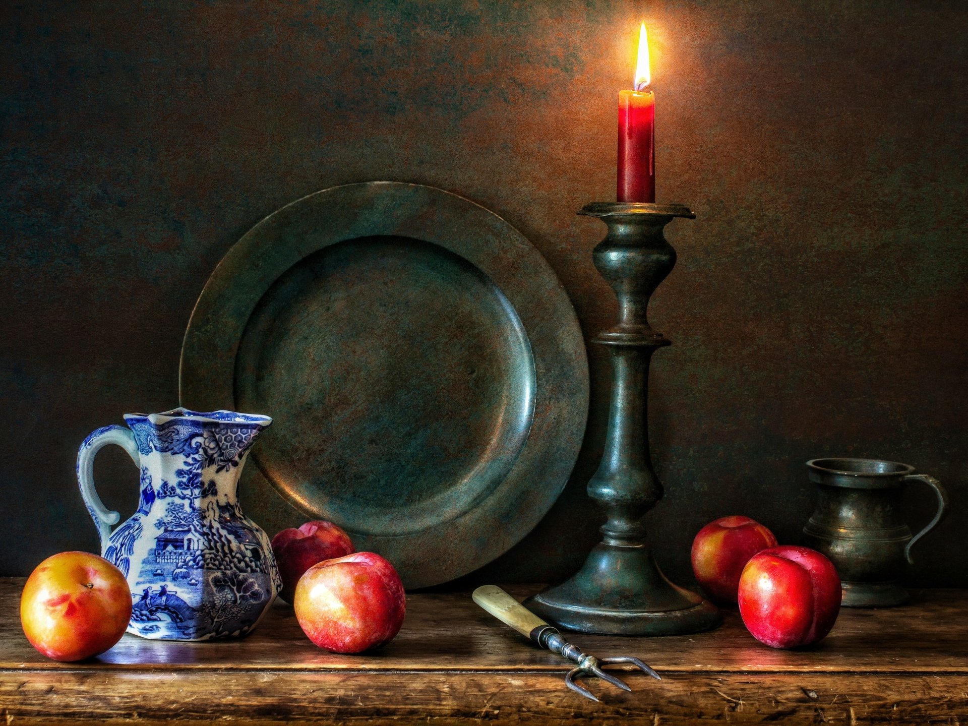 Download Candle Nectarine Pitcher Plate Photography Still Life HD Wallpaper
