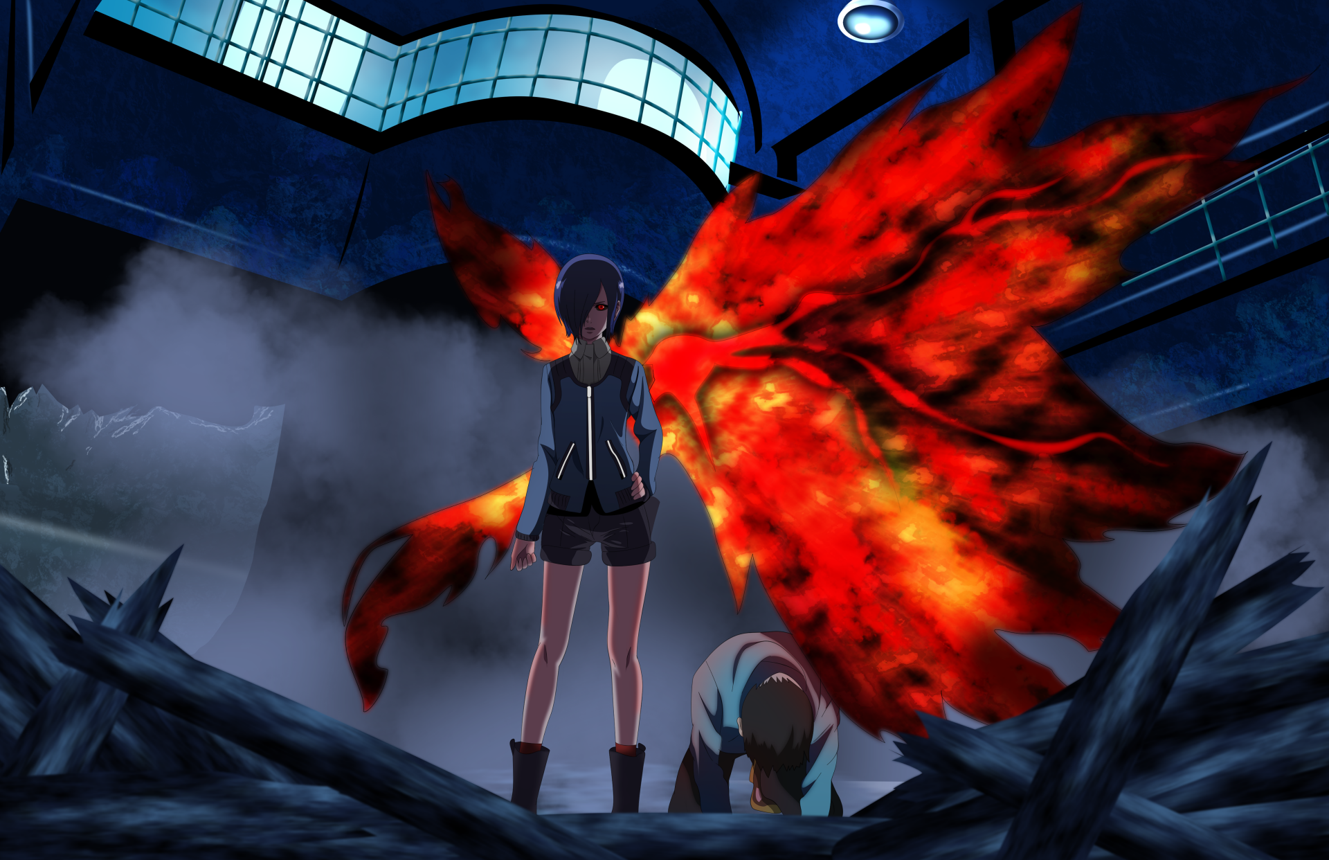 4K Ultra HD anime wallpaper featuring Touka Kirishima and Ken Kaneki from Tokyo Ghoul, set in a dark, dramatic scene with vibrant red kagune wings.