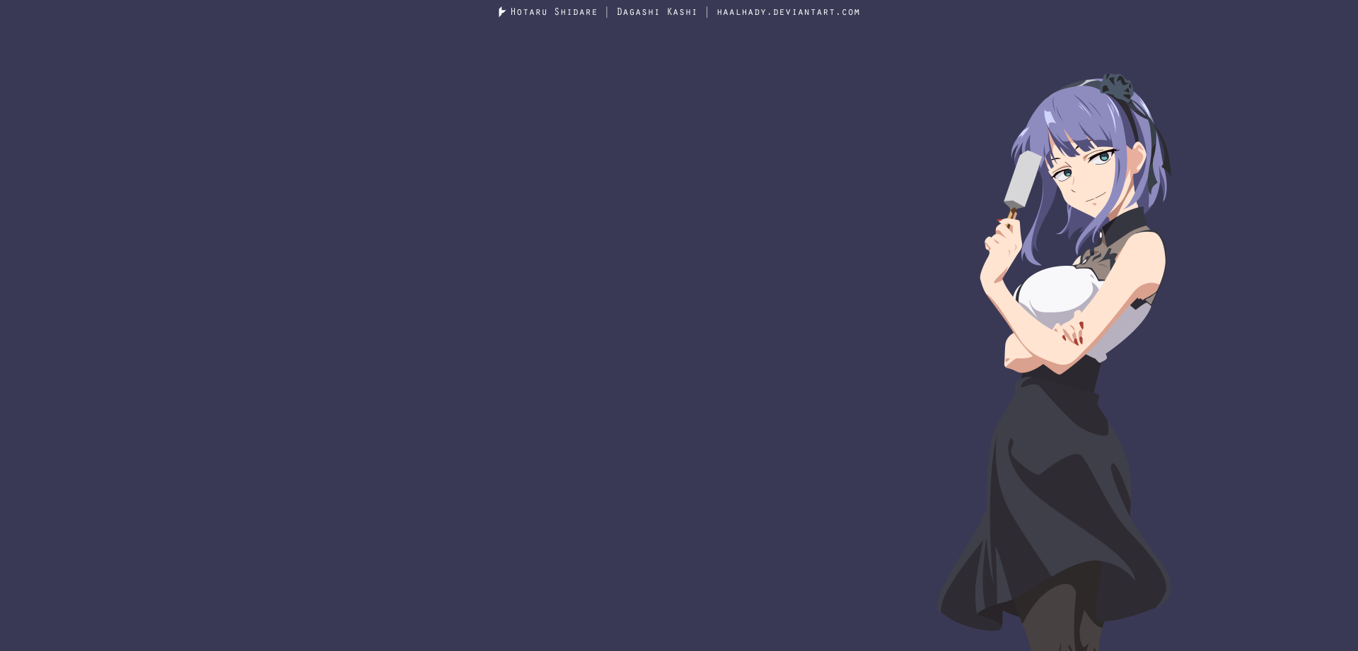 Minimalist 4K Ultra HD anime wallpaper featuring Shidare Hotaru from Dagashi Kashi with purple hair, blue eyes, headband, black skirt, and pantyhose on a dark background.