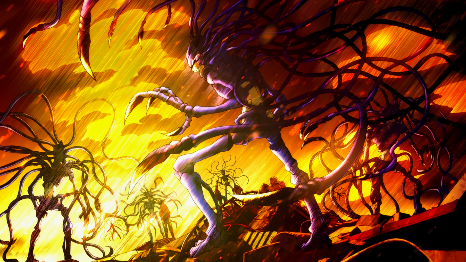HD PC desktop wallpaper featuring intense, dynamic anime artwork inspired by Cells at Work!, showcasing tangled, organic forms in fiery orange and yellow hues.