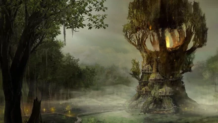 A mystical fantasy city with towering, illuminated tree structures, shrouded in mist and surrounded by lush greenery, creating an enchanting atmosphere for an HD desktop wallpaper.