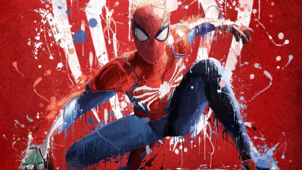 HD desktop wallpaper featuring Spider-Man from the video game Spider-Man (PS4) in a dynamic, crouching pose against a striking red and white painted background.