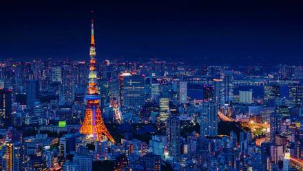 HD night cityscape wallpaper featuring the brightly lit Tokyo Tower surrounded by an expansive view of Tokyo, Japan.