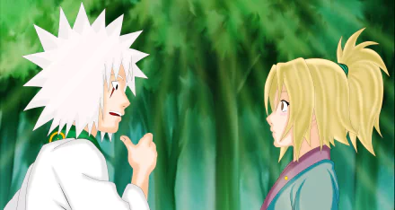 4K Ultra HD anime wallpaper featuring Tsunade and Jiraiya from Naruto in a vibrant bamboo forest background.