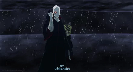 HD anime desktop wallpaper featuring Obito Uchiha from Naruto, standing in the rain with a dark, stormy background.