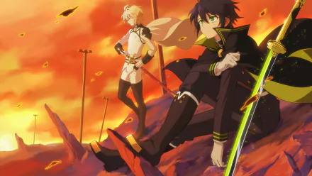 HD desktop wallpaper and background featuring anime characters Yūichirō Hyakuya and Mikaela Hyakuya from Seraph of the End, set against a dramatic, fiery sunset.