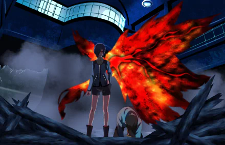 4K Ultra HD anime wallpaper featuring Touka Kirishima and Ken Kaneki from Tokyo Ghoul, set in a dark, dramatic scene with vibrant red kagune wings.
