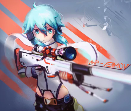 A high-definition desktop wallpaper featuring Sinon from Sword Art Online II, showcasing her blue hair and eyes while gripping a rifle, set against a dynamic background.