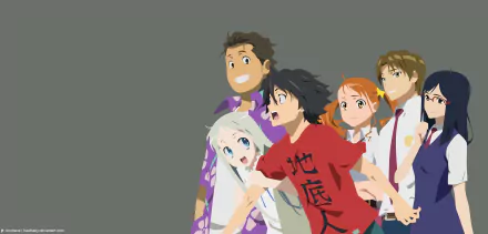 Minimalist 4K Ultra HD anime wallpaper featuring Chiriko Tsurumi, Atsumu Matsuyuki, Naruko Anjou, Tetsudou Hisakawa, Jinta Yadomi, and Meiko Honma from Anohana.