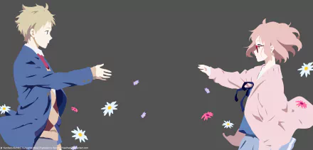 Akihito Kanbara and Mirai Kuriyama from anime Beyond the Boundary reaching toward each other across a dark backdrop with scattered flowers — 5K Ultra HD PC desktop wallpaper.