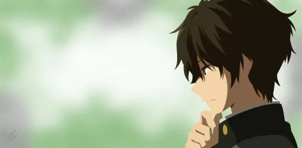 Hōtarō Oreki from the anime Hyouka in a thoughtful pose, set against a soft green and white blurred background in 4K Ultra HD.