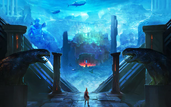 4K Ultra HD Assassin's Creed Odyssey PC wallpaper depicting an ancient underwater city with a lone figure approaching monumental statues and glowing ruins.