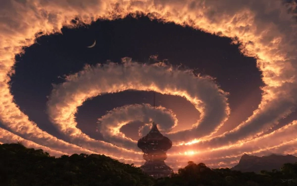 HD sci-fi desktop wallpaper featuring a futuristic building under a dramatic sky with spiral-shaped clouds and a crescent moon at sunset.